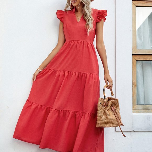 New Stand Collar Cap Sleeve Ruffle Hem Dress Red - Picture 3 of 6